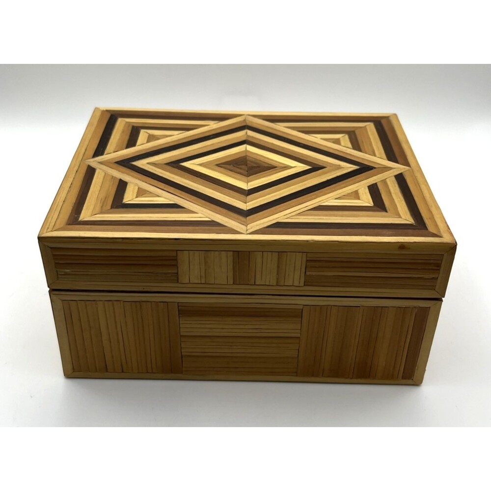 Handmade Bamboo Wood Inlaid Trinket Jewelry Box Geometric Marquetry Boho 6"